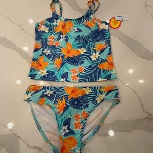 Nwt! Kids Children's place Blue and orange floral bikini set size 14/XL
